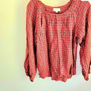 LOFT Red Plaid Blouse Gold Metallic Threads